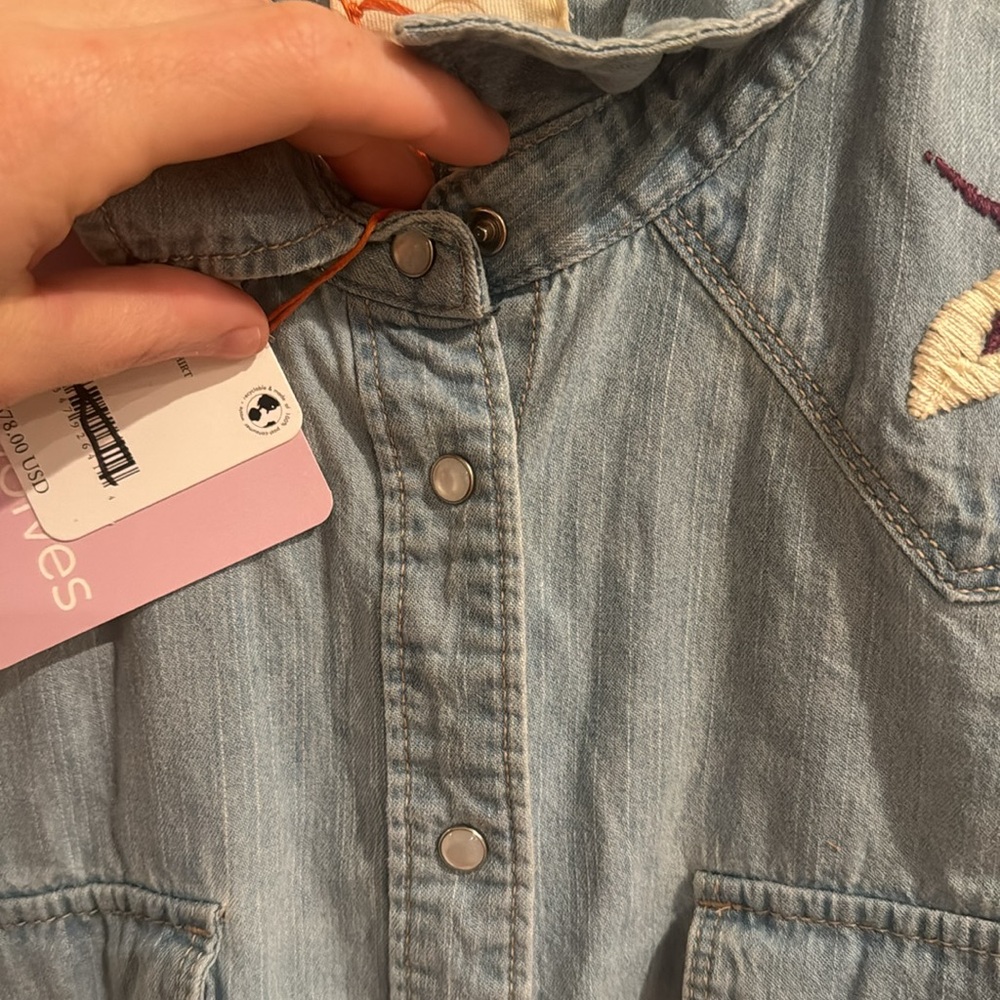 Free‎ People The Wolves Blue Denim Embroidered Snap Fitted Cowboy Shirt NEW XS - Picture 8 of 10